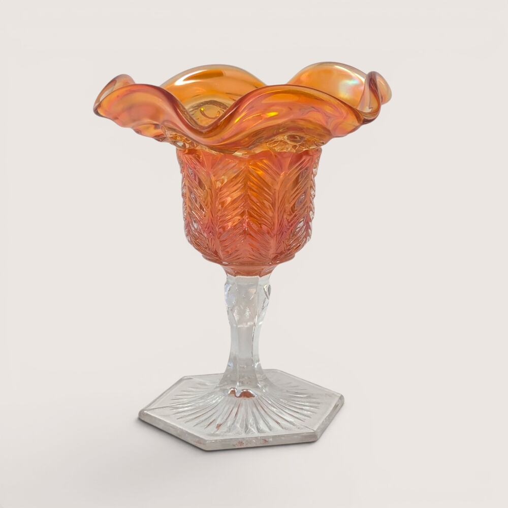 Antique Cambridge Inverted Feather Carnival Glass Compote